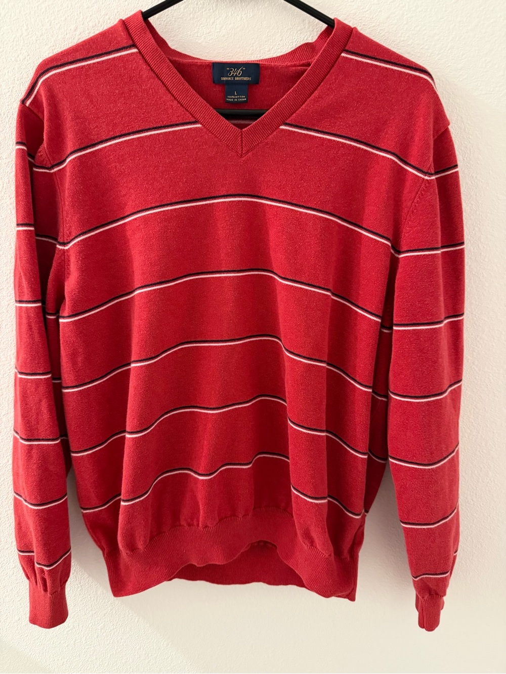 Brooks Brothers Red V-Neck Sweater with Black and White Stripes